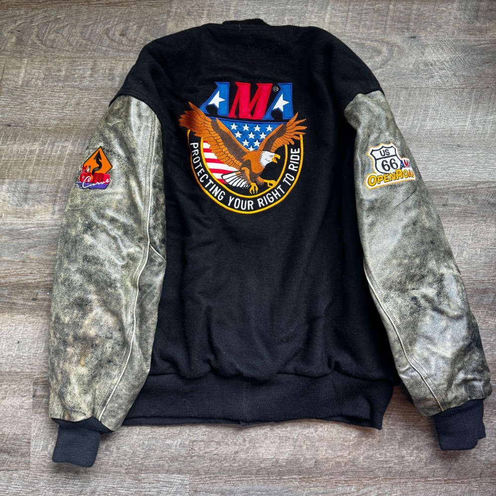 DeLong Biker AMA Varsity Bomber Jacket 2X Black Wool Leather Sleeves USA Made